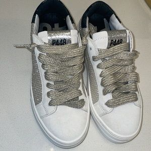 P448 Thea sneaker. White with silver mesh/glitter. NWOT.